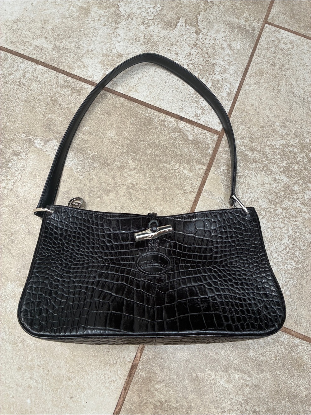 Longchamp Black Croc-Embossed Shoulder Bag with Silver Toggle
